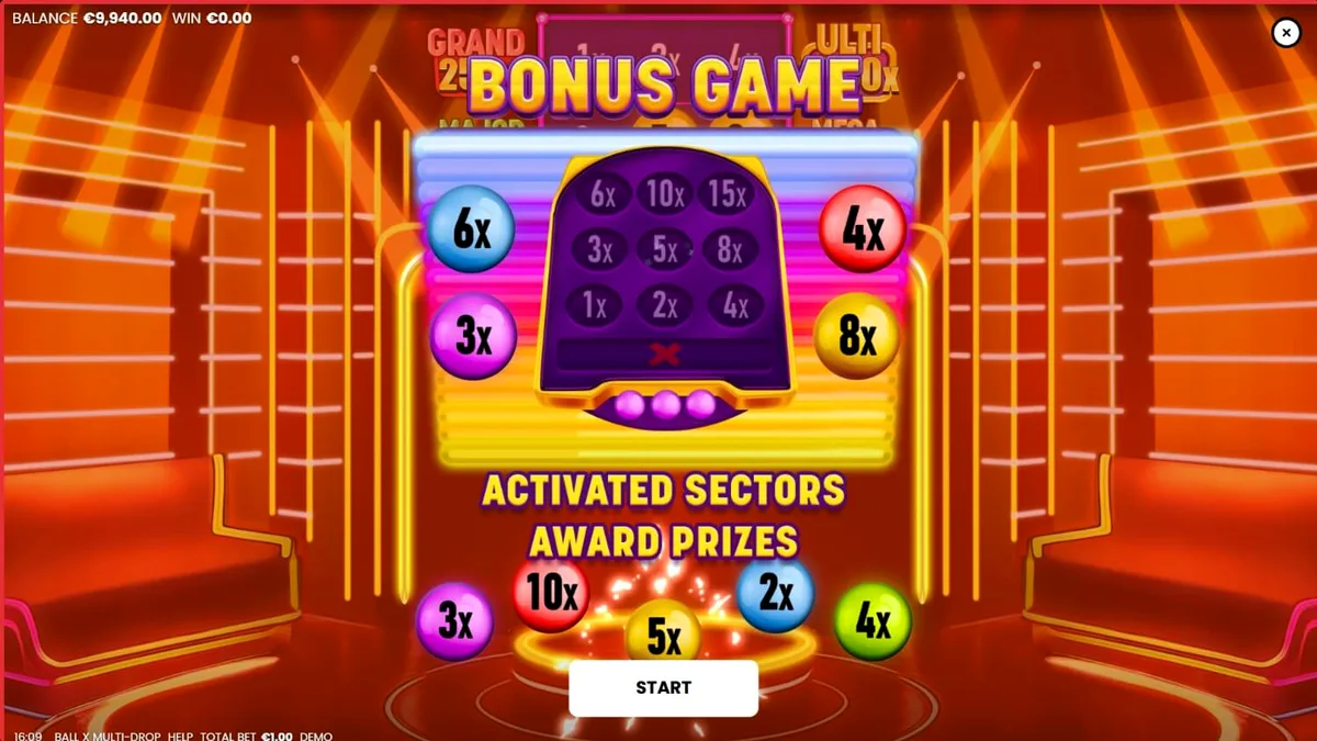 Ball X Multi-Drop slot machine interface na may neon fruits at jackpot displays.