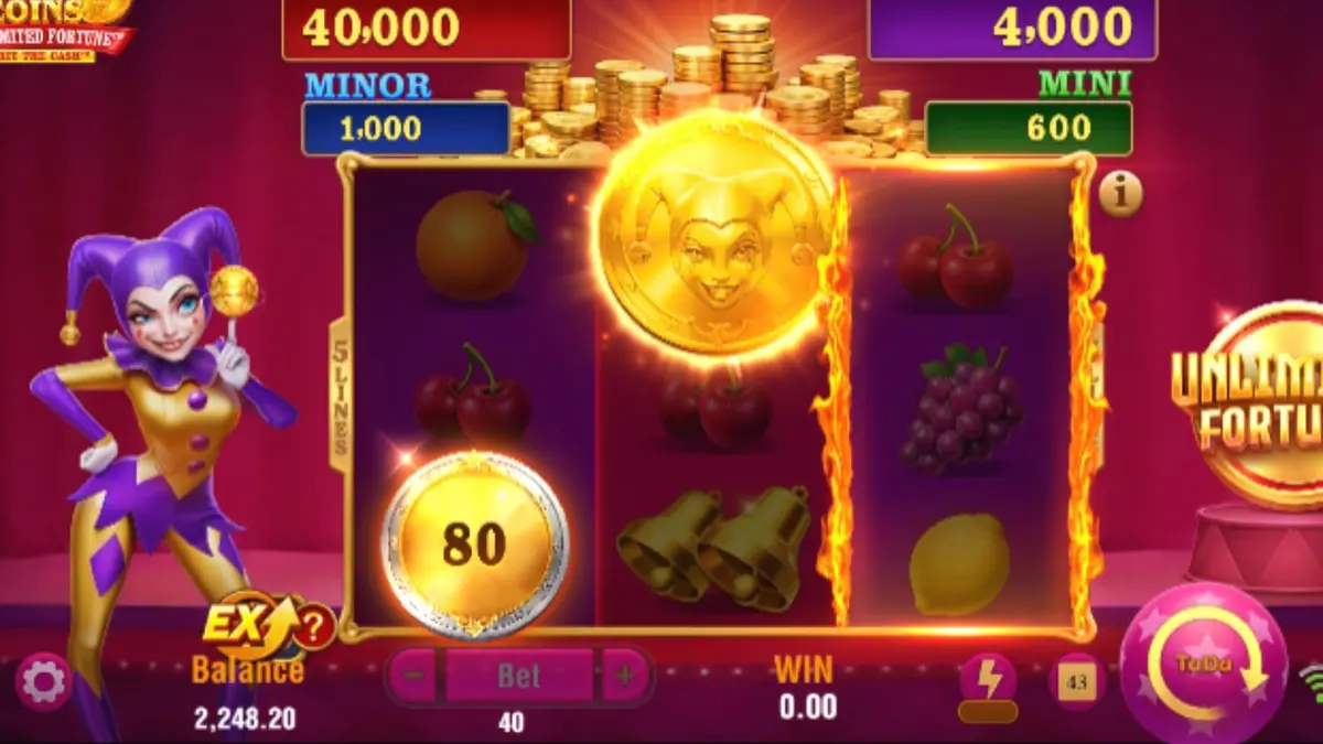 Joker Coins Unlimited Fortune slot machine interface na may makulay na neon fruit symbols at joker theme
