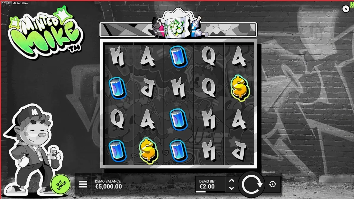 Minted Mike slot game graffiti theme interface